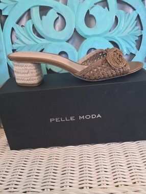Pelle Moda Tan Woven Slide Mules with Rope-Wrapped Block Heel